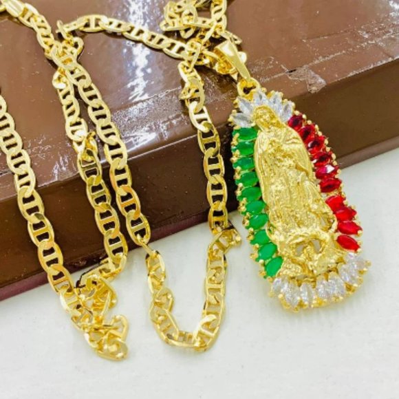 Gold Filled Guadalupe Charm Pendant Mariner Link Chain Dije de Guadalupe 44x20mm - Picture 2 of 6